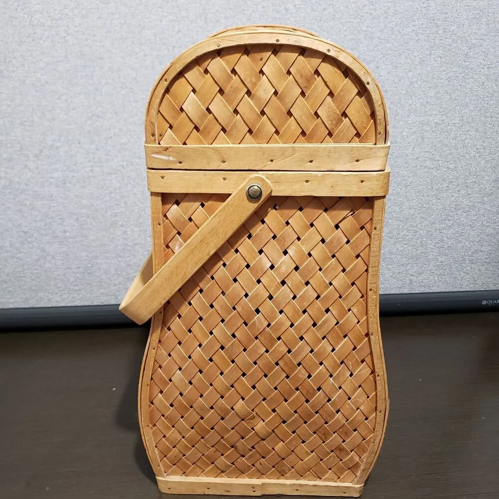 Wicker Weaved Tan  Wine Carrier / Storage Basket with Holder & Latch